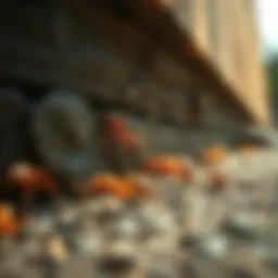 Close-up of ants near a building foundation