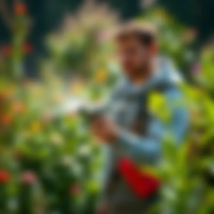 A person applying pest control spray in a garden setting