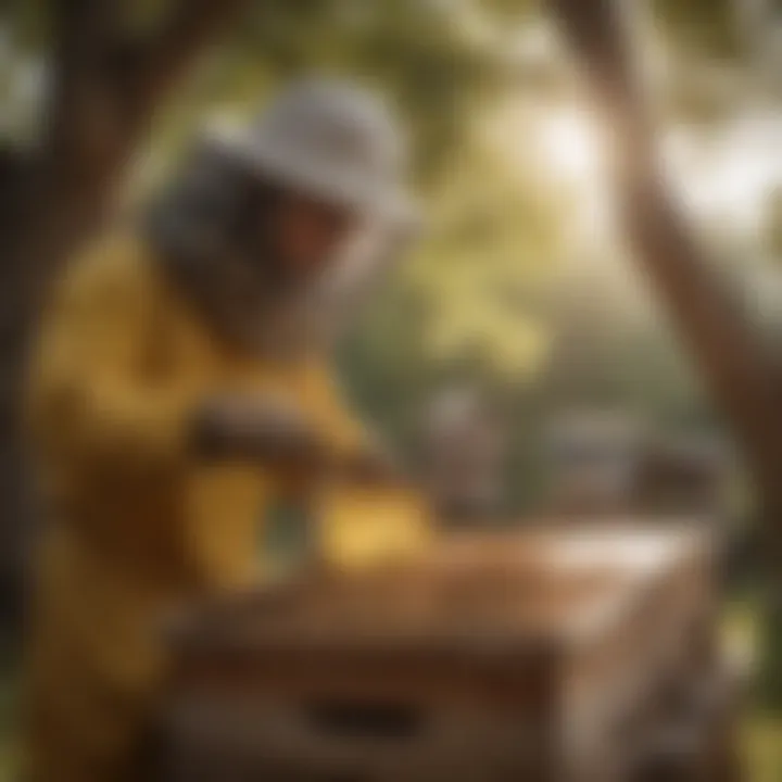 A professional beekeeper safely removing a bee hive from a tree.