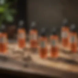 Detailed view of various ant defense spray bottles on a table