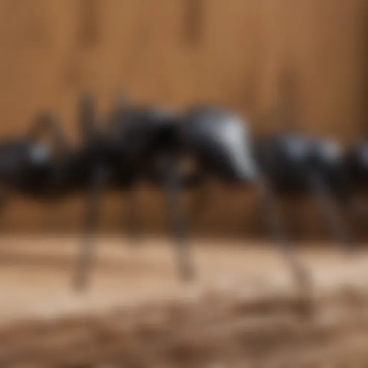 Close-up of carpenter ants on a wooden surface