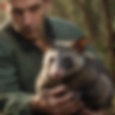 A professional carefully handling a captured possum in a wildlife rescue setting.