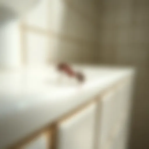 Close-up view of a carpenter ant in a bathroom setting Close-up of a carpenter ant on bathroom tile