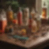Different types of ant poison products displayed on a table
