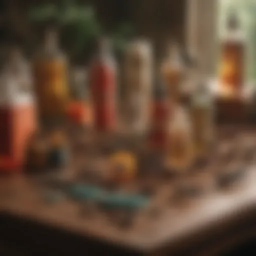 Different types of ant poison products displayed on a table