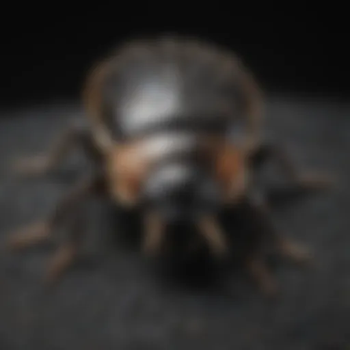 Close-up view of a black carpet beetle on a textured surface