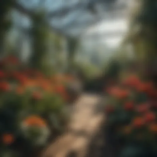 A vibrant greenhouse filled with various plants and flowers
