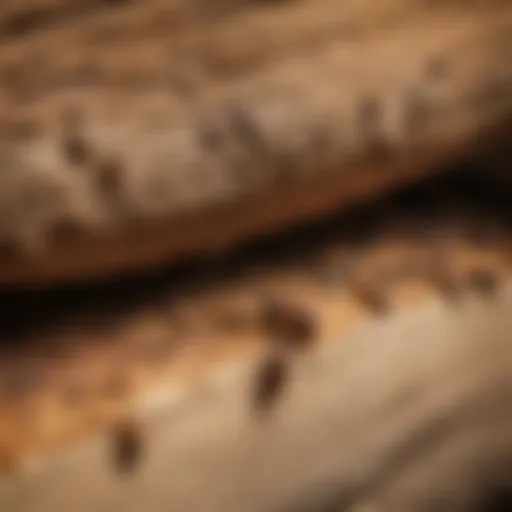 Close-up view of a termite infestation in wood.