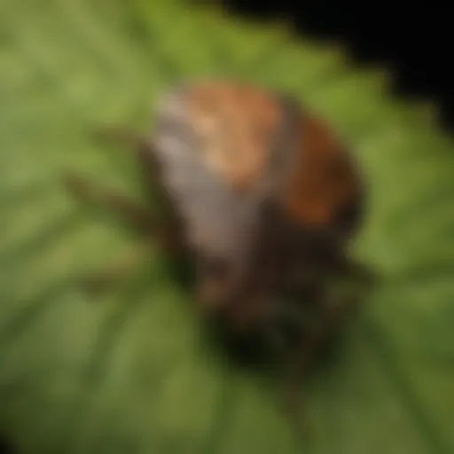 Close-up of brown marmorated stink bug on leaf