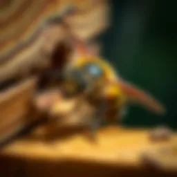 Close-up of carpenter bee entering a wooden surface