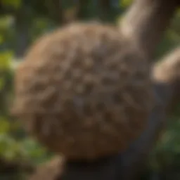 Close-up view of a wasp nest in a tree branch