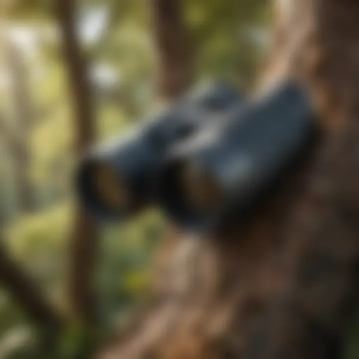 A close-up of a birdwatching binoculars focused on a tree.