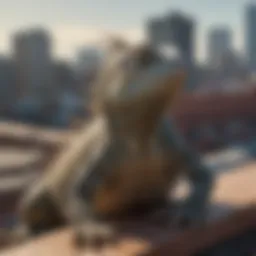 A serene rooftop scene with iguanas basking in the sun.