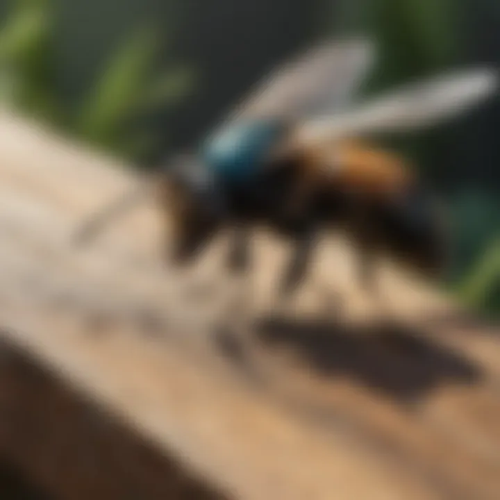 A carpenter bee hovering near a wooden surface, showcasing its natural behavior in a garden.