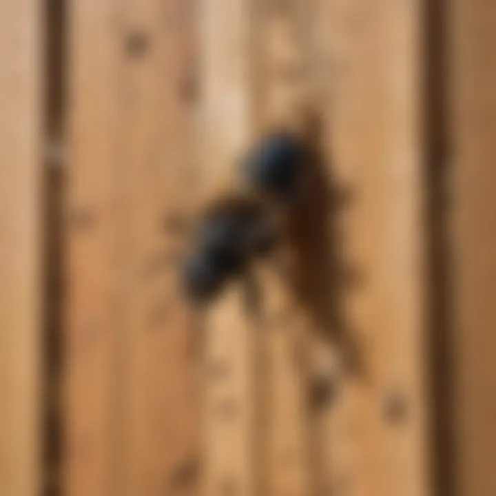 A close-up of a wooden structure with drill holes indicating carpenter bee activity.