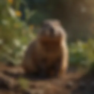 Groundhog in its natural habitat Groundhog observing garden