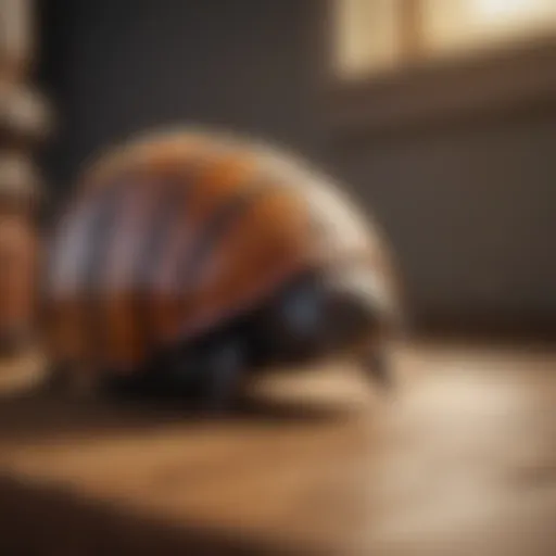 Close-up view of a rolly pollie on a wooden surface