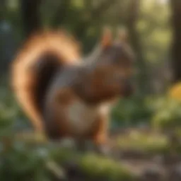 A squirrel foraging in a backyard garden.