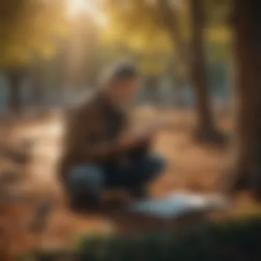 A person observing birds in a park, taking notes.