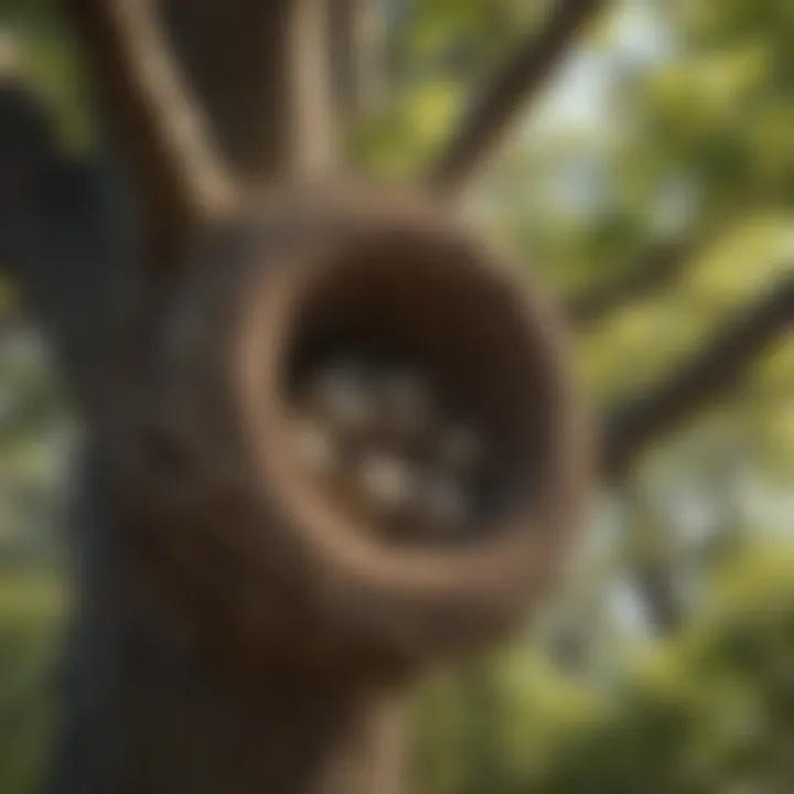 A serene garden with trees and visible bird nests.