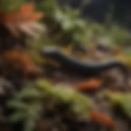 A close-up of a millipede on leaf litter, illustrating its natural habitat.