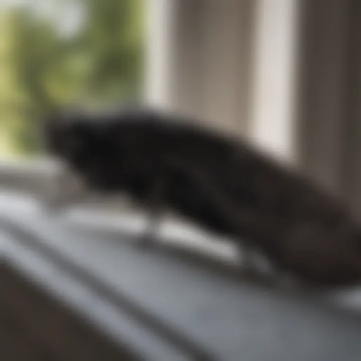 Close-up of a black moth on a window sill