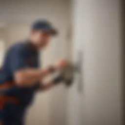 A close-up of a pest control technician examining a home for infestations