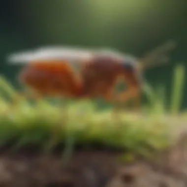 Close-up view of fleas on grass blades