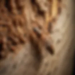 A close-up view of a termite infestation in wooden structures
