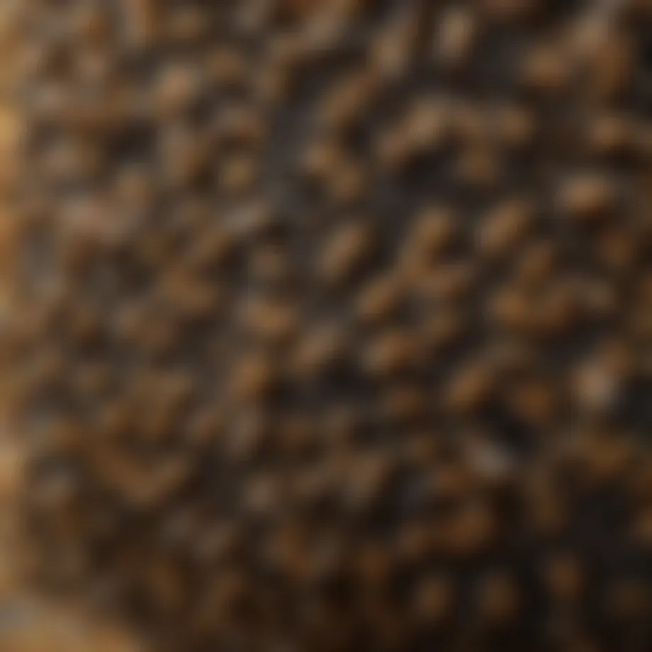 Close-up view of a hive showing the intricate structures and bees.