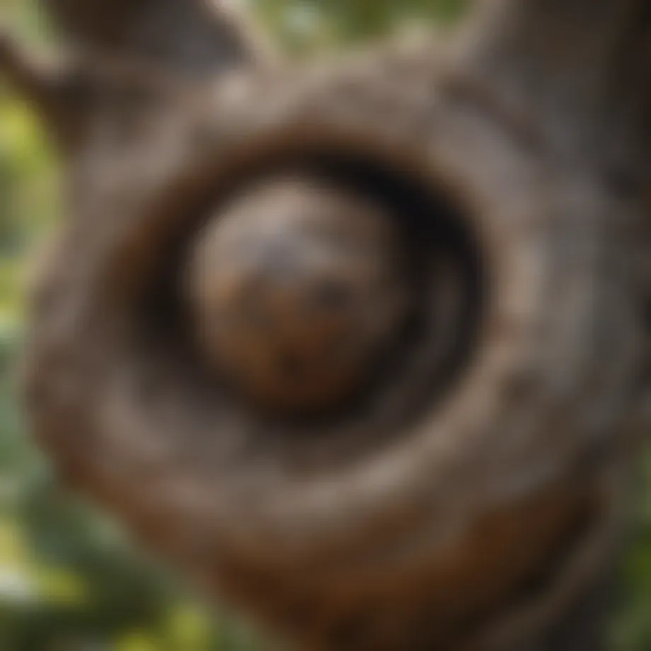 Close-up of a hornet nest nestled in a tree branch