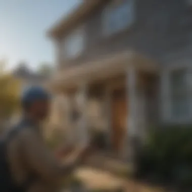 Homeowner inspecting the exterior of a house for hornet activity