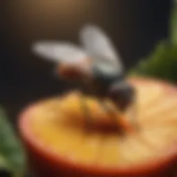 A close-up of a fly resting on a fruit, illustrating a key attractant for flies.