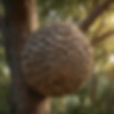 A close-up view of a wasp nest hanging from a tree branch