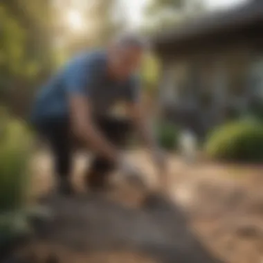 A homeowner applying diatomaceous earth in a yard
