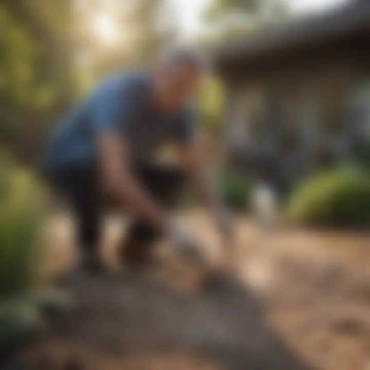 A homeowner applying diatomaceous earth in a yard