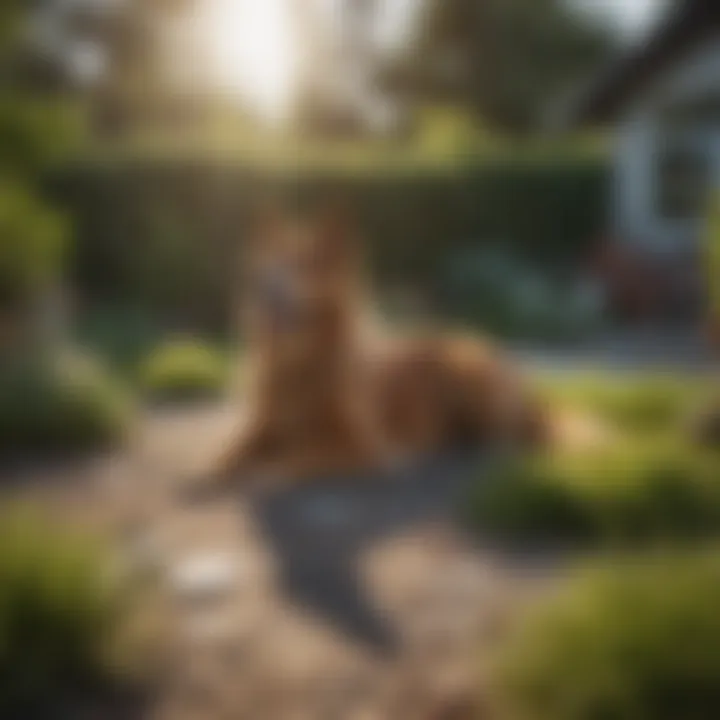 A serene backyard with a pet resting comfortably