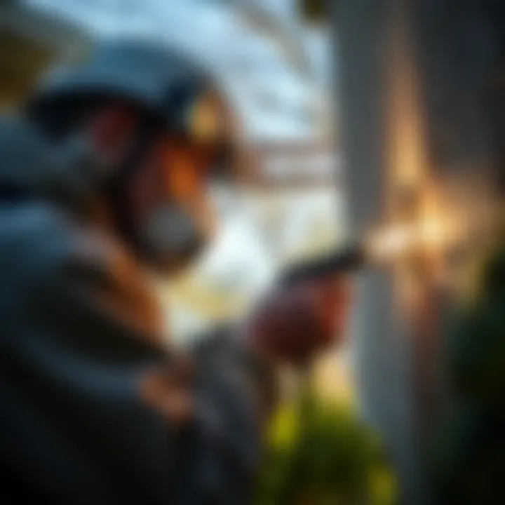 Exterminator at Work Exterminator inspecting a property for pests