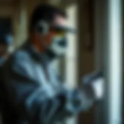 A detailed view of a pest control technician inspecting a home