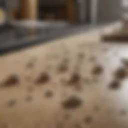 A close-up view of mouse droppings on a kitchen countertop