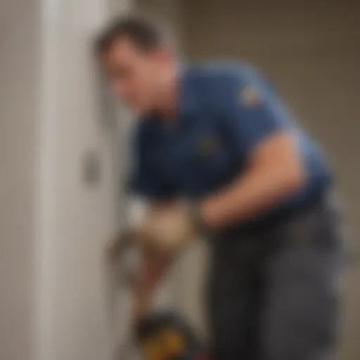 Close-up of a pest control technician inspecting a home