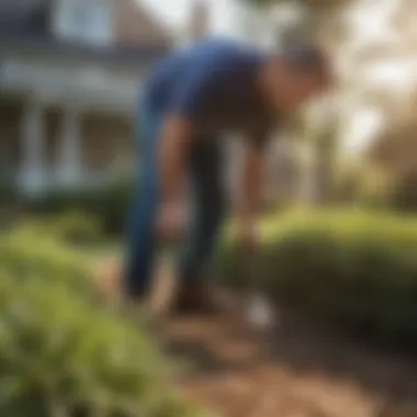 A homeowner applying organic pest solutions in the yard