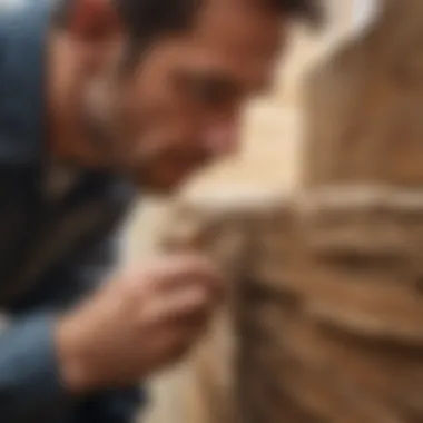 Close-up of a pest technician inspecting a wooden structure for termite damage