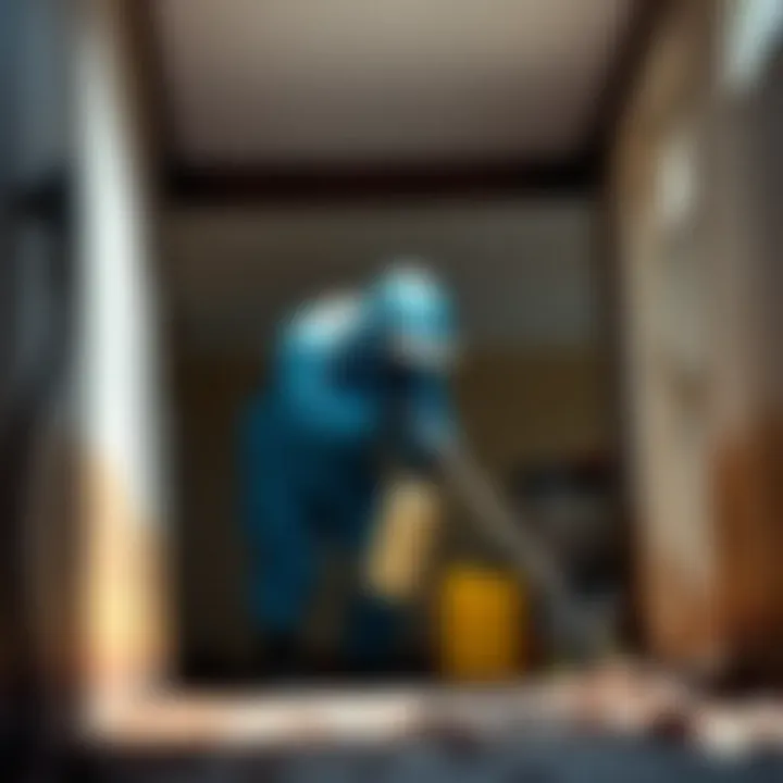 Pest control professional applying chemical treatments in an infested area