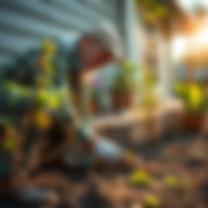 Homeowner applying natural deterrents around a foundation