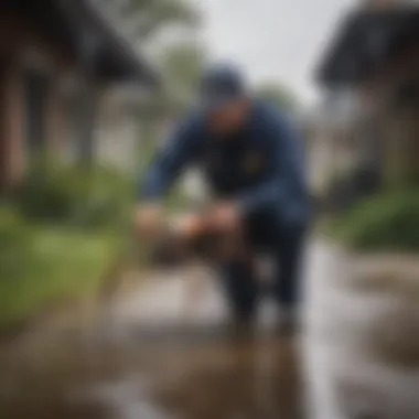 A professional exterminator applying treatment in a residential area.