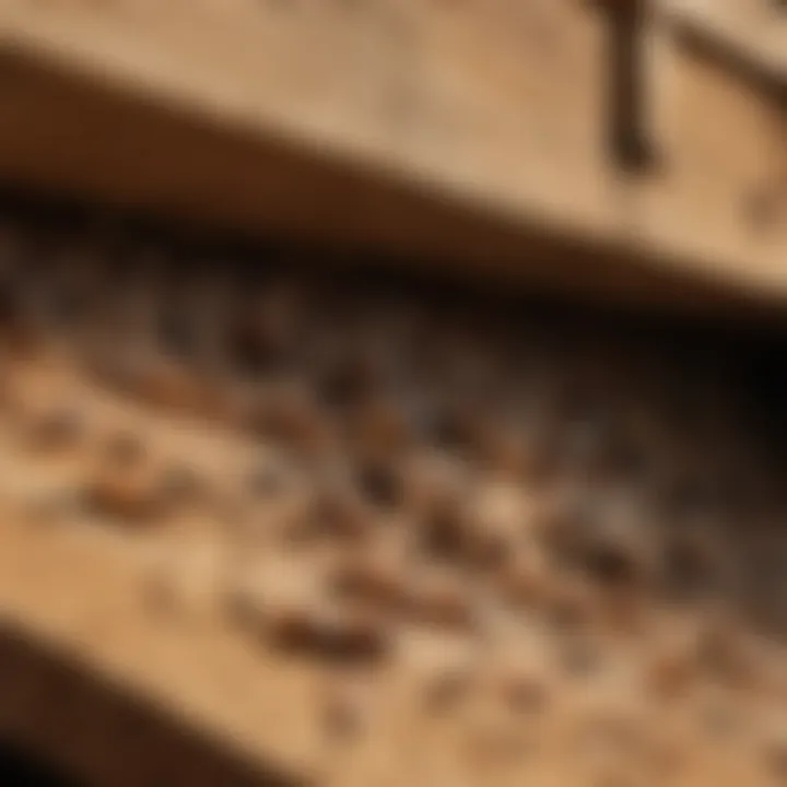 Close-up view of a termite infestation in wooden structures