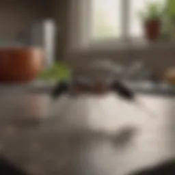 Close-up of common ant species exploring a kitchen countertop