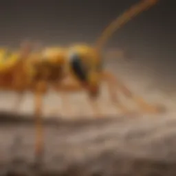 Close-up view of a yellow-striped ant showcasing its distinctive coloration and features.