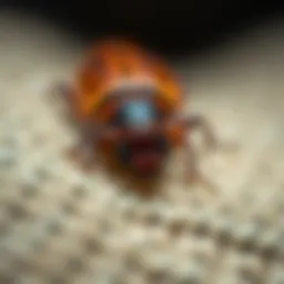 Close-up view of a carpet beetle worm on fabric